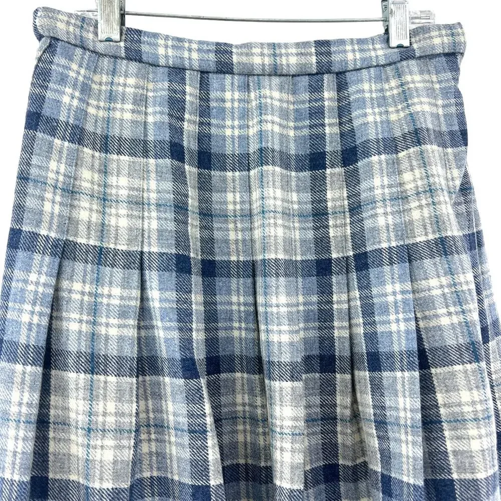 Edinburgh Woollen Mill (8) VINTAGE 70's Blue Tartan Plaid Wool Pleated Skirt - Picture 6 of 9